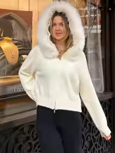 Cardigan chic femme à capuche fourrure