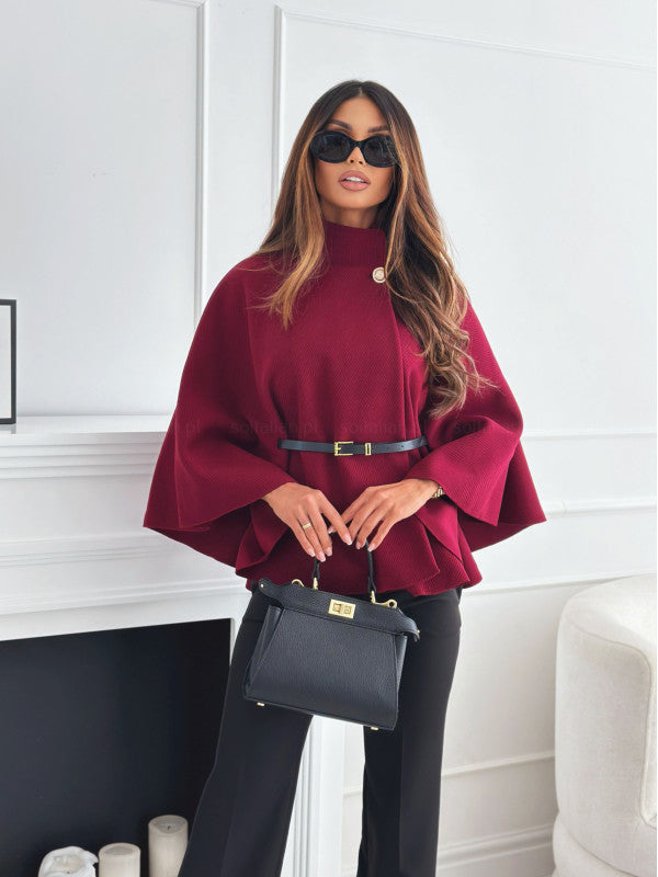 Poncho élégant à col montant avec ceinture ajustable pour femme